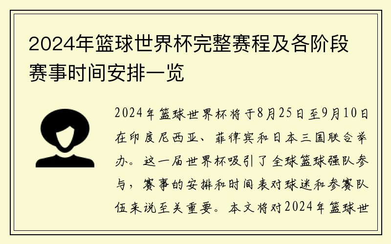 2024年篮球世界杯完整赛程及各阶段赛事时间安排一览