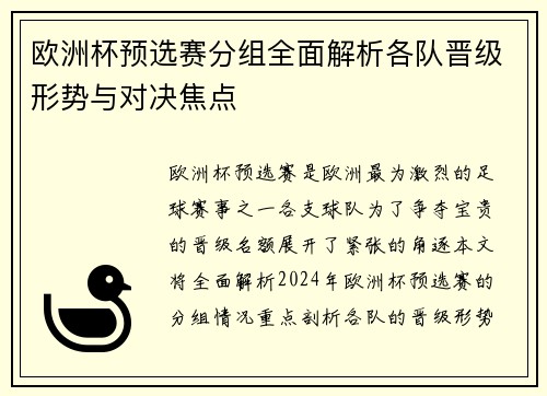 欧洲杯预选赛分组全面解析各队晋级形势与对决焦点