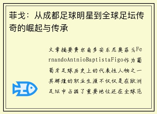 菲戈：从成都足球明星到全球足坛传奇的崛起与传承